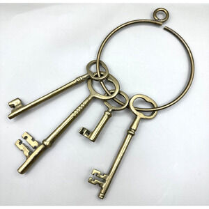 Vintage Skeleton Key Ring Large with 4 Solid Brass Gold Keys Jail 10 inches